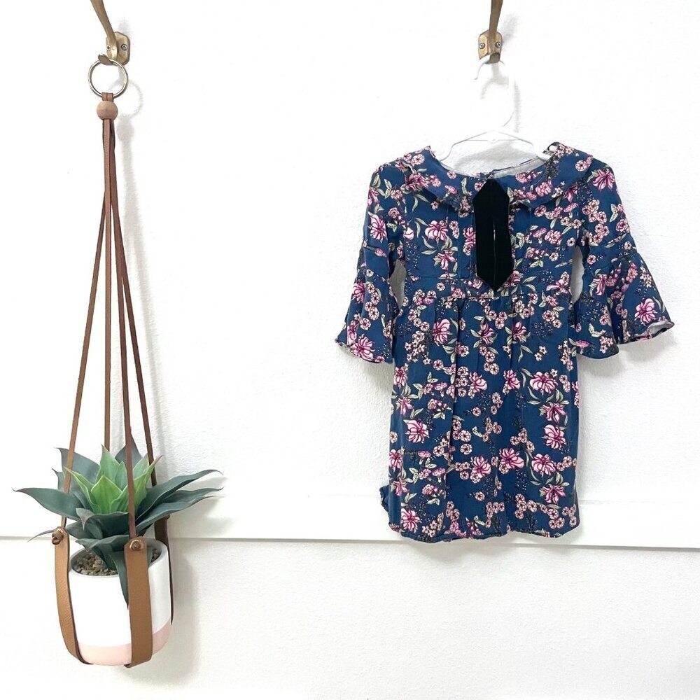 Lil Lemons Floral Long Sleeve Bell Sleeve Dress Blue Size 2T